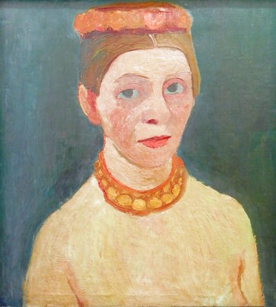 Autoportrait avec couronne de fleurs rouges et collier - Paula Modersohn Becker